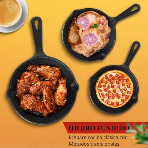 Ausein Juego de 5 Sartenes de Hierro Fundido, Cast Iron Skillet con Espátula y Guantes, Cacerolas de Hierro Fundido Antiadherentes, Ideal para el hogar, la cocina y el camping