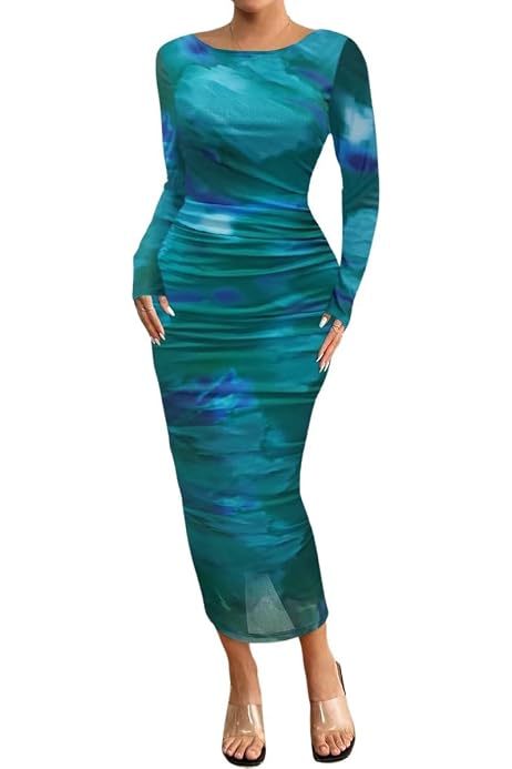 blue tie dye dress kylie jenner Bodycon Long Sleeve Dress Mesh Dress For Women Sexy Sheer Blue Archive - Hina boho dress Style:ES01819DN