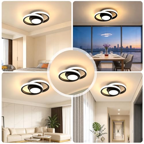 Trailabo Luminária LED de Teto, Luminária Redonda + Duas Fitas de Luz Circulares, Iluminação Ajustável em Três Cores, para Sala e Quarto, 3000-6000K (Preto)