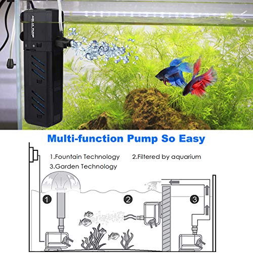 ZEETOON Submersible Water Pump Aquarium Air Pump Fish Tank Filters Aerator Multifunction Quiet Adjustable, 3.2ft High Lift 210 GPH (800L/H 8W) with 2 Nozzle 1 Boost Oxygen Hose 2 Artificial Plants - Thumbnail 3