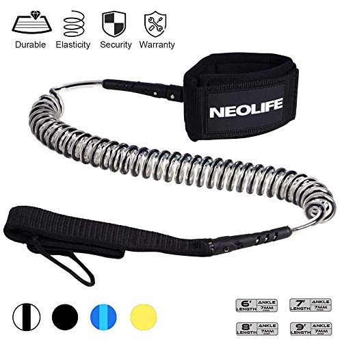 Neolife Coiled Premium Surfboard Leash,Stand Up Paddle Board Leash Ankle Strap Leg Rope with Double Stainless Steel Swivels for Longboard Snowboard Sup Leashes(7Ft Transparent Black
