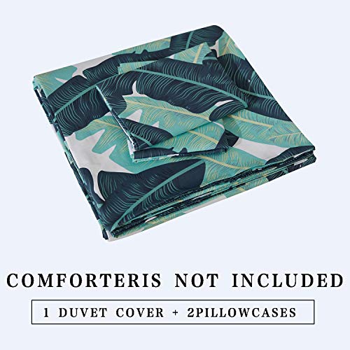 ECOCOTT 3 Pieces Duvet Cover Set Queen 100% Natural Cotton 1 Duvet Cover 2 Pillowcases, Tropical Banana Lush Leaves Printed Pattern Soft Cozy Luxury Breathable and Durable Bedding Set