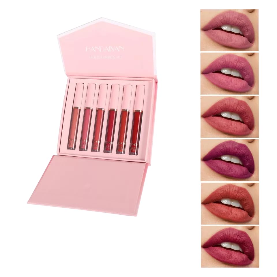 6 PCs Matte Liquid Lipsticks Waterproof Long-Lasting Lip Gloss Kit for Women | Highly Pigmented Nude Pink Red Shades | Smooth Velvet Finish Non Stick & Stay On | Soft Shiny Makeup Gift Set - B