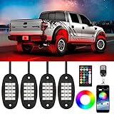 TACHICO RGB LED Rock Lights with APP/Double Remote Control,60 LEDs Multicolor Neon Underglow IP68 Flashing Music Timing Mode Light Kits for Jeep Off Road Truck ATV Motorcycle, DC 12V （4 Pods）