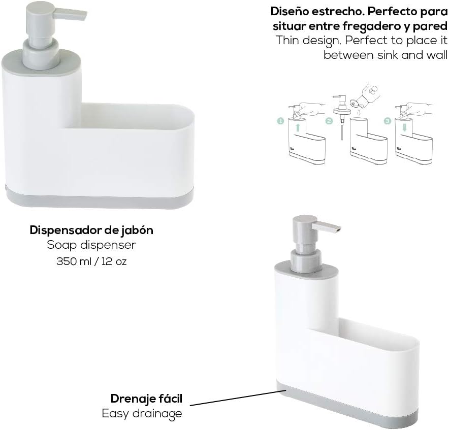 VIGAR Monobloc Sink Organiser with Soap Dispenser, White, 18.5x5x21 - Image 5