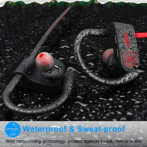 ANBES Bluetooth Headphones Wireless Earbuds, IPX7 Waterproof in-Ear Earphones Sports with Ear Hooks & Mic, HD Stereo Sound, Up to 8 Hours Playing Noise Canceling Headsets (RedBlack)