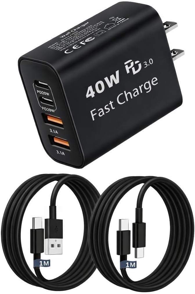 タイプc 充電器 USB Type-C 充電器 合計 PD40W 急速充電 GaNIII技術対応 USB-A & Type-C コンセント式電源アダプター 搭載iPhone 17air/pro max/16/15/14/13/SE3 iPad、Android/タブレット (b黒1m1m, 40w)