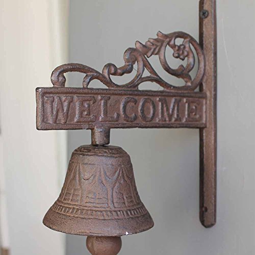 KiaoTime Vintage Rustic Cast Iron WELCOME Sign Ring Bell Country Farmhouse Wall Decor Door Bell Antique style Dinner Bell Decorative Welcome Wall Plaque Yard Sign