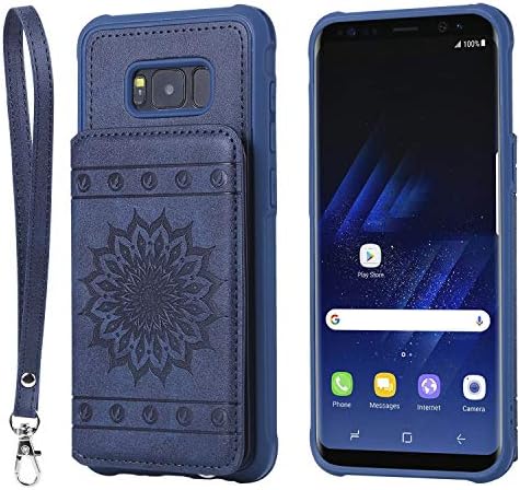 Shinyzone Slim Fit Back Wallet Case for Samsung Galaxy S8 Plus with Card Holder,Embossed Sunflower Pattern PU Leather Flip Cover with Magnetic Stand Function with Detachable Lanyard,Blue