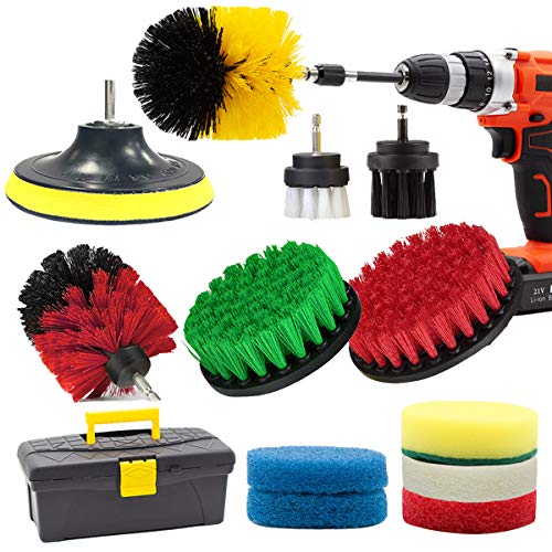 GOH DODD Drill Brush and Scrub Pads, 15 Pieces Power Scrubber Variety Cleaning Kit with Long Reach Attachment in Box for Bathroom Shower Scrubbing, Carpet Cleaning, Grout Scrubbing, and Tile Cleaning