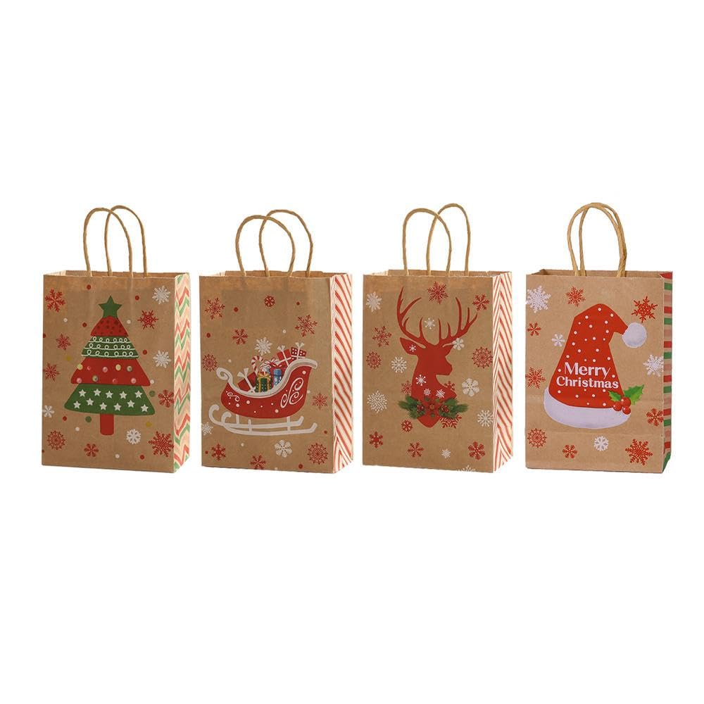 NIXNUT 12pcs Christmas Paper Bags Kraft Reusable Present Treat Gift Bag with Handles for Cookie Candy Baking Xmas Party Cute Patterns