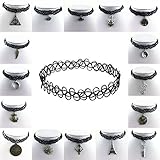 JQUEEN Black Gothic Stretch Elastic Double Line Henna Tattoo Choker Pendant Collar Necklace for 80s 90s