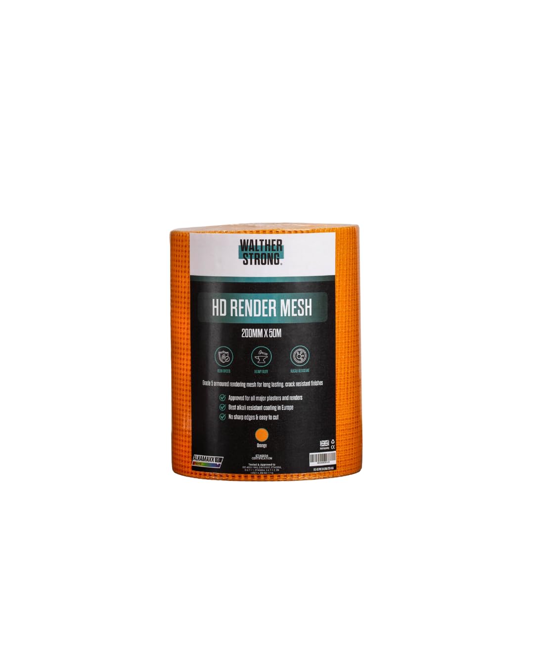 Walther Strong Ultra HD ALKAMAXX Render Mesh (200m x 50m, Orange). Reinforced Armoured Fibreglass Render Mesh. Alkaline Resistant Reinforcing Mesh, Plastering Crack Repair For Walls And Ceilings.