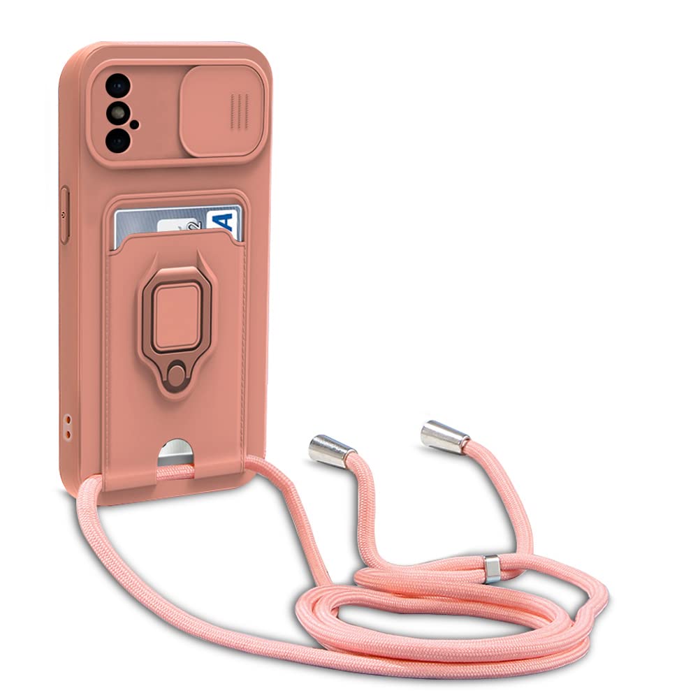 yanasuo Camera Protection Lanyard Phone Case for iPhone XS/X, Card Holder, Slide Camera Cover, Silicone Cord Strap rope Shell TPU Shockproof Bumper Cover-Pink