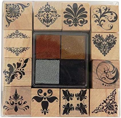 Set of 12 Wooden Rubber Stamps & 4 Colour Ink Pads Assorted Themes Craft Kit Stamp Printers (Decorative Patterns)