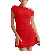 LAGSHIAN Women's Summer Off Shoulder Trendy Ruched Stretch Bodycon Cocktail Party Flare Mini Dress
