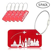 Fewao Luggage Tags for Suitcases, 5 Pack Travel ID Tags with Cable, Aluminium Travel Labels Name and Address for Luggage, Suitcases, Hand Bag - with Unique Pattern, Anti-Rust (Red)