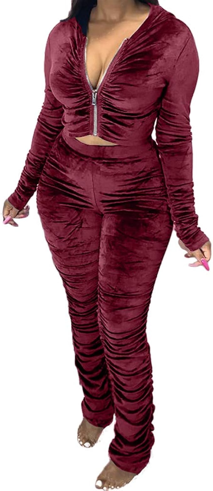 Buy Women's Velour Sweat Suits 2 Piece Ruched ZipUp Hoodie Jacket