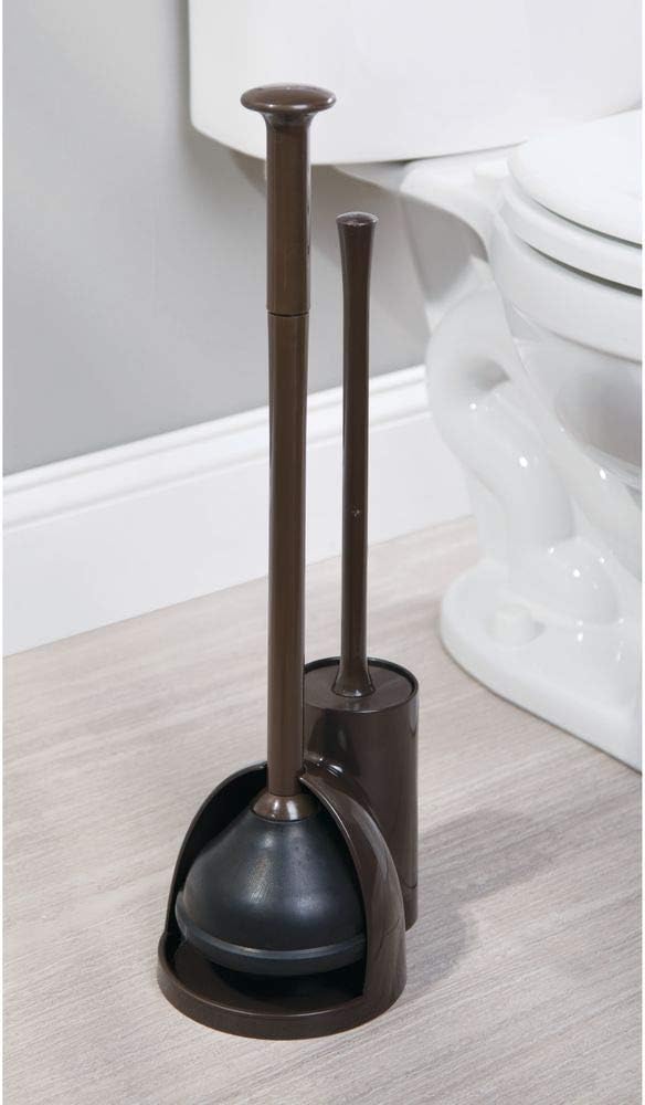 mDesign Modern Slim Compact Freestanding Plastic Toilet Bowl Brush Cleaner and Plunger Combo Set Kit with Holder Caddy for Bathroom Storage and Organization - Covered Lid Brush - Dark Brown: Home & Kitchen