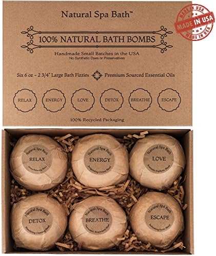 Premium Bath Bombs Gift Set - USA Made 6 - 6oz. Extra Large Aromatherapy &amp; Moisturizing Variety Blends with 100% Natural Essential Oils from Natural Spa Bath