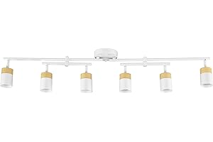 GLOBE Electric 64000055 42" 6-Light Track Lighting, Double Center Swivel Bar, Matte White, Wood Toned Accents, Ceiling Light, Pivot Shades, 6 Bulb, Kitchen Lights, GU10 Sockets