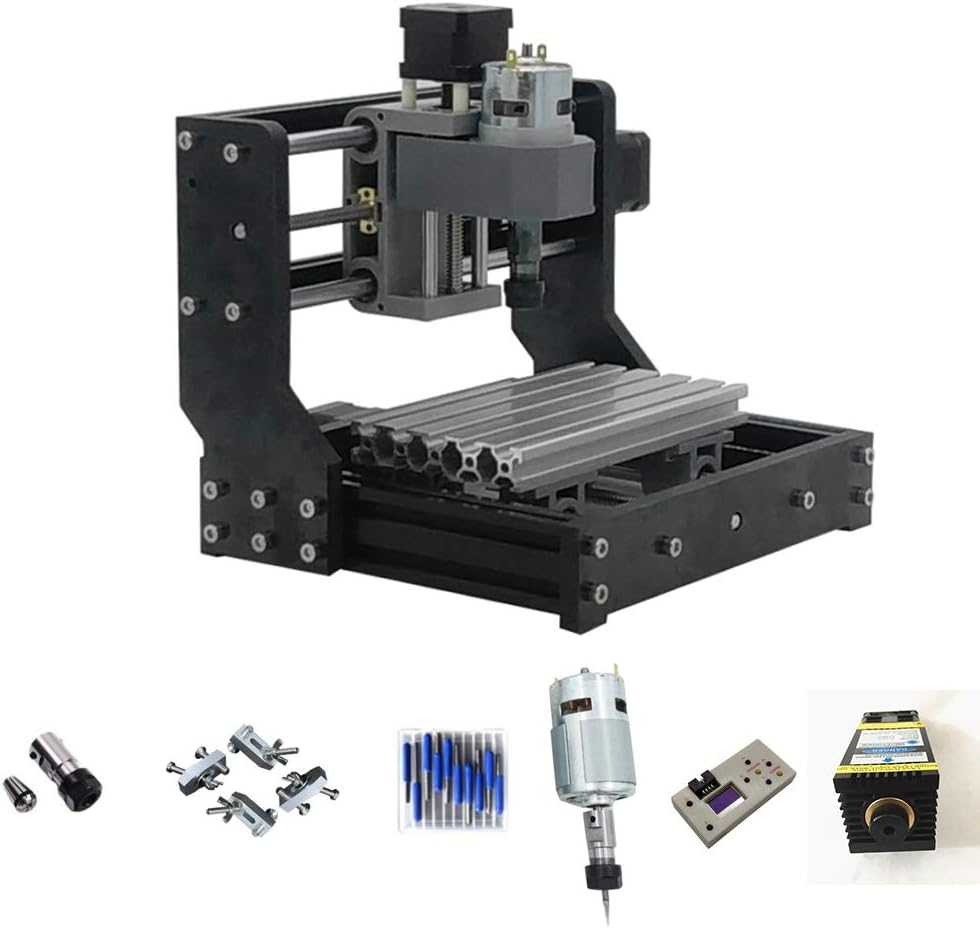 Purepords CNC1610 PRO Router Table 160x110x45mm with + 5500mw Laz, 1.0 inch Offline controller, GRBL PCB Wood Milling Plastics Engraving, 10pcs 3.175mm End Mill Bit Sets ER11 4pcs Clamps