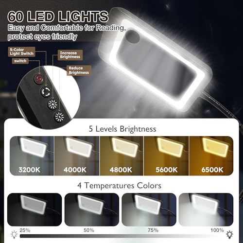 Overcomo 3-in-1 Floor Magnifying Glass with Light and Stand,60 LED Large 7 Inch Magnifier with 5 Colour Modes & 4 Brightness,Dual Lens Design,Adjustable Floor Stand & Clamp for Reading,Crafts, Sewing