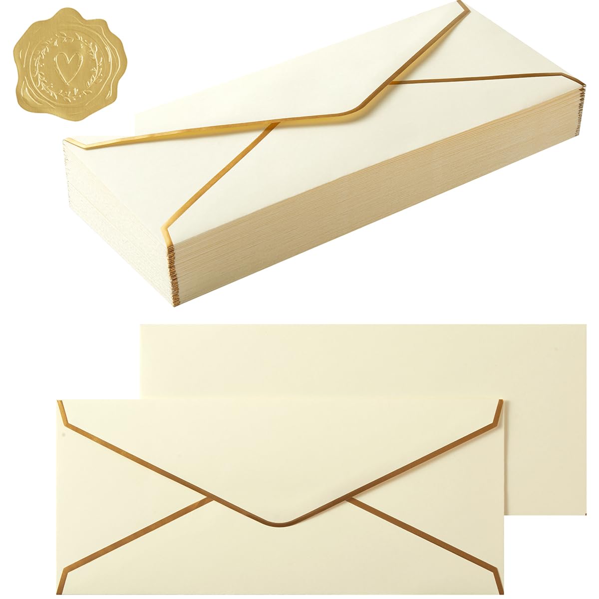 Photo 1 of 100 Pack #10 Business Envelopes with Gold Border, Self Seal Standard Envelopes with Gold Stickers for Office, Checks, Letter Mailing, Invoices, 4 1/8 x 9 1/2 Inches (Cream Color)