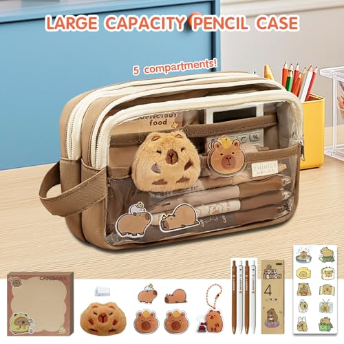 Dcceeo Capybara Pencil Case, Capybara Stationery Set with Pen, Stickers, Pins, Keyrings and Notepads Capybara Pencil Case Cute Large Capacity Office School Gift Girl Boy