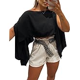 CHICME Womens Off The Shoulder Flowy Tops Casual Batwing Slit Sleeve Blouse Loose Shirt with Bandeau Top
