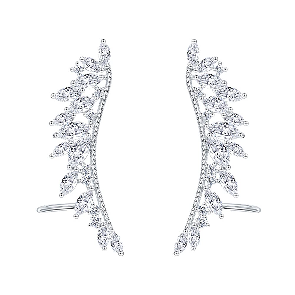 CZ Feather Crystal Cuffs Ear Crawler Climber Earrings for Women Girls 925 Sterling Silver Post Pin Dainty Statement Wing Vine Wrap Sweep up Shiny Birthday Wedding Jewelry Gift Bridal