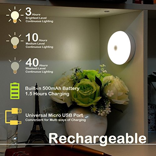 Rechargeable Touch Light, RTSU DIY Stick Anywhere Led Night Light Touch Lamp Tap Light (Touch Sensor Switch, Stepless Dimmer, Last Setting Memory, Built-in Battery Powered, Warm White Light)