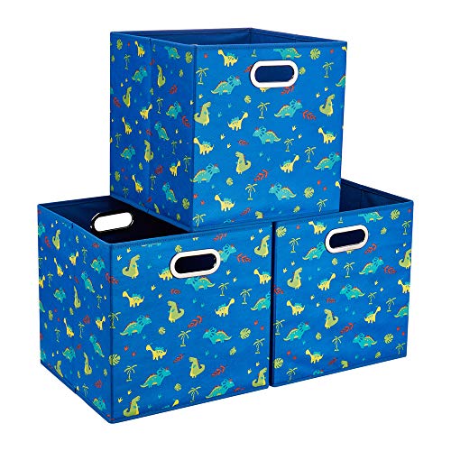 HSDT 3 Cube Storage Bins Blue 13x13x13 Inch Foldable Dinosaur Coastal Print Fabric Storage Basketes for Home Organizers Storage Drawer,QY-SC06-3