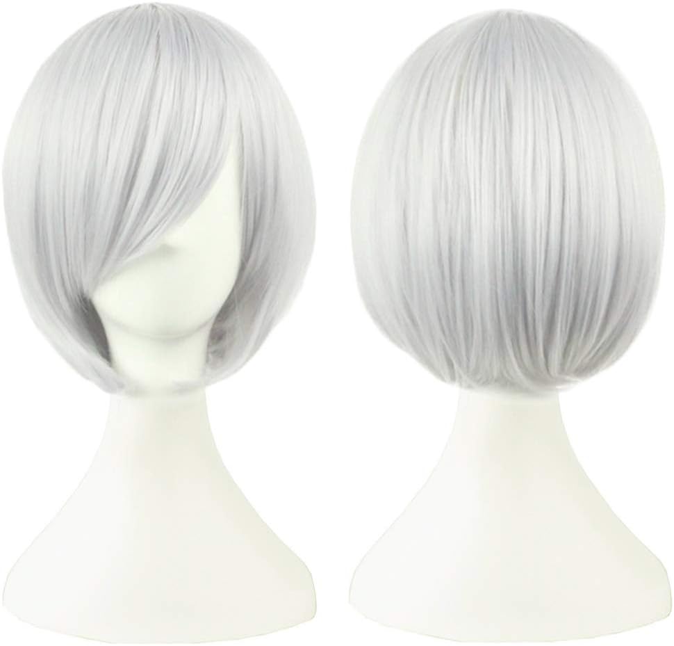 Short Bob Wig Silver Gray Straight Hair Wigs for Women with Oblique Bangs 11 Inch BU029S