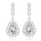 Kelofty Cz Dangle Earrings for Women, 14k-White-Gold-Plated Bridal Earrings, Womens Flower Cubic Zirconia Teardrop Earring Dangle