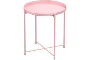 H HOMEWINS Tray Metal Round End Table,Pink Folding Small Side Table Outdoor & Indoor Accent Coffee Table for Small Spaces,Bedroom,Patio