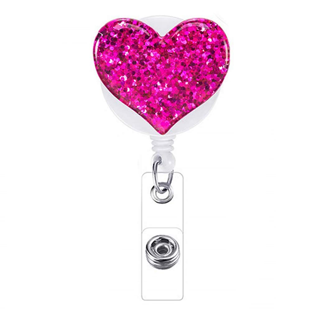 1 Pack Badge Reel Retractable ID Badge Holder with Belt Clip Glittery Heart Yo Yo Badge Reel Door Pass Holder Key Chain for Girls Nurse Teacher Student -Rose Red