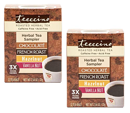 Teeccino Chicory Roasted Herbal Tea Sampler Pack (French Roast, Hazelnut, Vanilla Nut and Chocolaté), Caffeine Free, 12 Tea Bags (Pack of 2)