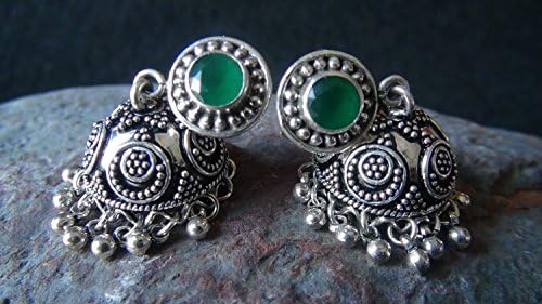 Jhumka, Jhumki, Antique, Unique, Rare, Green Onyx Oxidized Sterling Silver Earrings