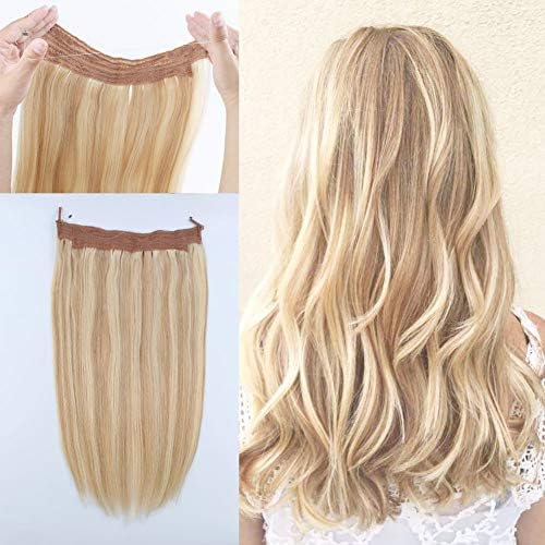 Lovrio 16" Halo Human Hair Extensions, Piano Color Ash Brown Highlight Mixed with 613 Bleach Blonde, Silky Straight Hair Highlights Remy Hair Translucent Fish Line Headband