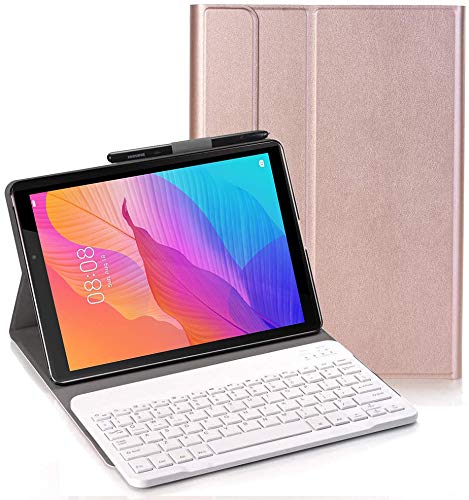 RLTech Keyboard Case for Huawei MatePad T10, (QWERTY Layout) Ultra Slim Flip with Removable Wireless Keyboard Stand Case for Huawei MatePad T10 2020, Rose gold