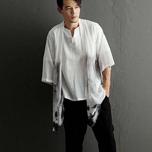 LZJN Men's Lightweight Open Front Cardigans Vintage Chinese Style Chiffon Print Cape Kimono (One Size) - Thumbnail 3
