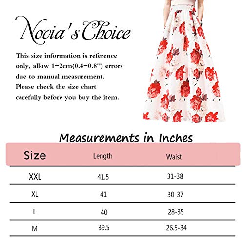 Novia's Choice Women African Floral Print Pleated High Waist Maxi Casual A-Line Skirt(White&Red Flower XXL)