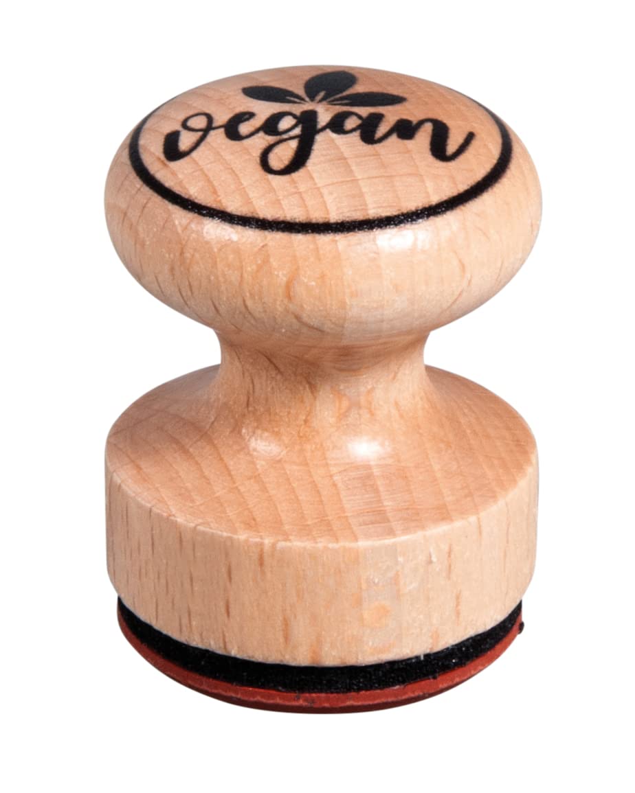 Rayher Wood Mounted Rubber Stamp featuring the phrase Vegan, Craft Stamp for Homemade Gifts Labels and Tags, Butterer, round, diameter 3cm, 29236000
