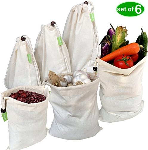 JSXD Linen Natural Organic Cotton Reusable Grocery Bags Durability &amp; Washable Eco Friendly Cotton Muslin Produce Bags - Set of 6(2 Large 12x15in, 2 Medium 10x12in, 2 Small 8x10in)