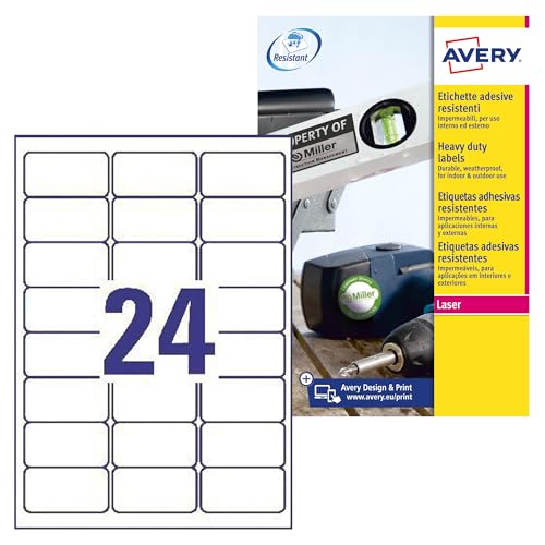 AVERY Zweckform L4773-8 Wetterfeste Folienetiketten (192 Klebeetiketten, 63,5x33,9mm auf A4, extrem stark selbstklebend, wasserfest, strapazierfaehig, bedruckbare Outdoor Klebefolie) 8 Blatt, weiss