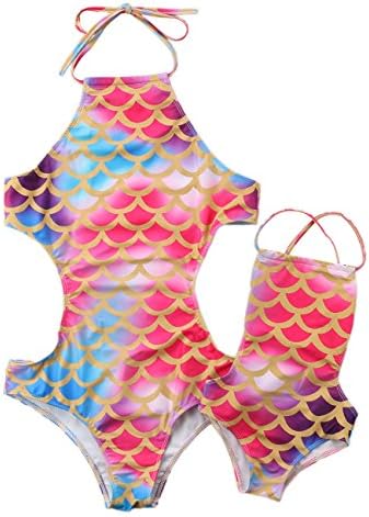 Family Matching Mother and Daughter Mermaid Swimsuit,Mommy and Me Family Matching Swimsuit Mermaid Backless Bathing Suit One Piece