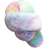 LightFun Girl's Fuzzy Fluffy Furry Slippers Fur Flip Flop Open Toe kids Slippers Cross Band Shoes Slides for Girls House Home Indoor Outdoor