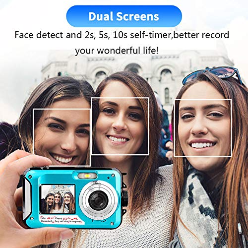 Waterproof Camera Full HD 2.7K 48 MP Underwater Camera Video Recorder Selfie Dual Screens 16X Digital Zoom Flashlight Waterproof Digital Camera for Snorkeling