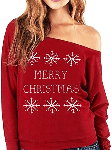 SOUFUN Womens Christmas Long Sleeve Letter Printed Sweatshirt Tops (Red, M)
